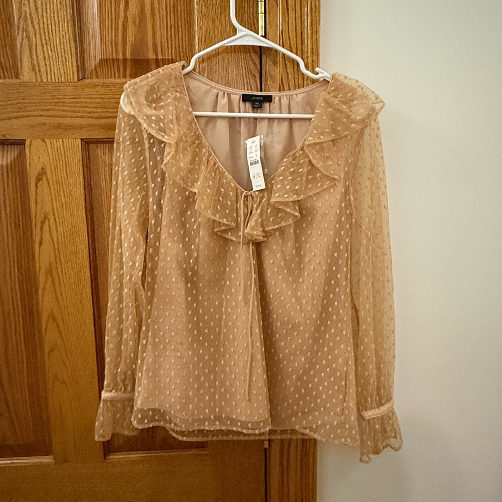J. Crew Sheer Tan Ruffle Blouse